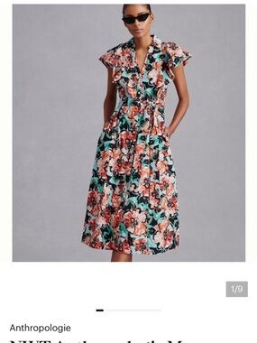 Anthropologie Floral Midi Dress in Coral, Teal & Black